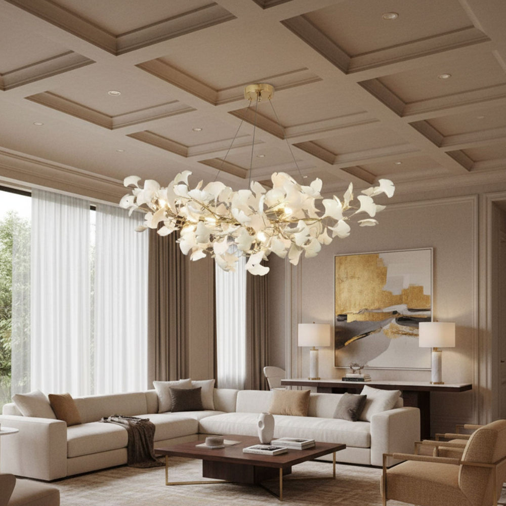 Sputnik-Kronleuchter mit Keramik-Ginkgoblättern – Moderner Art Deco