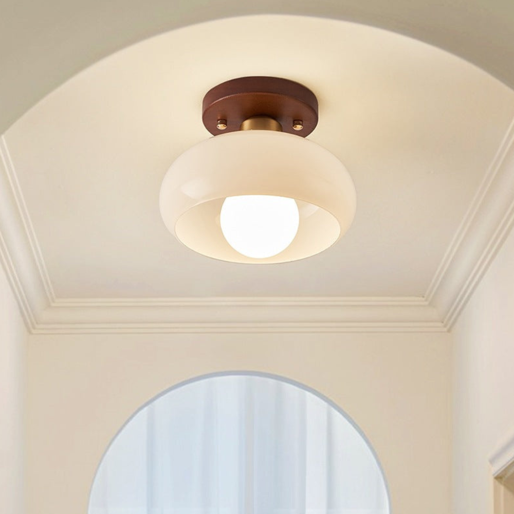 Flush Mount Ceiling Light with Glass Shade - Walnut Mid Century Modern