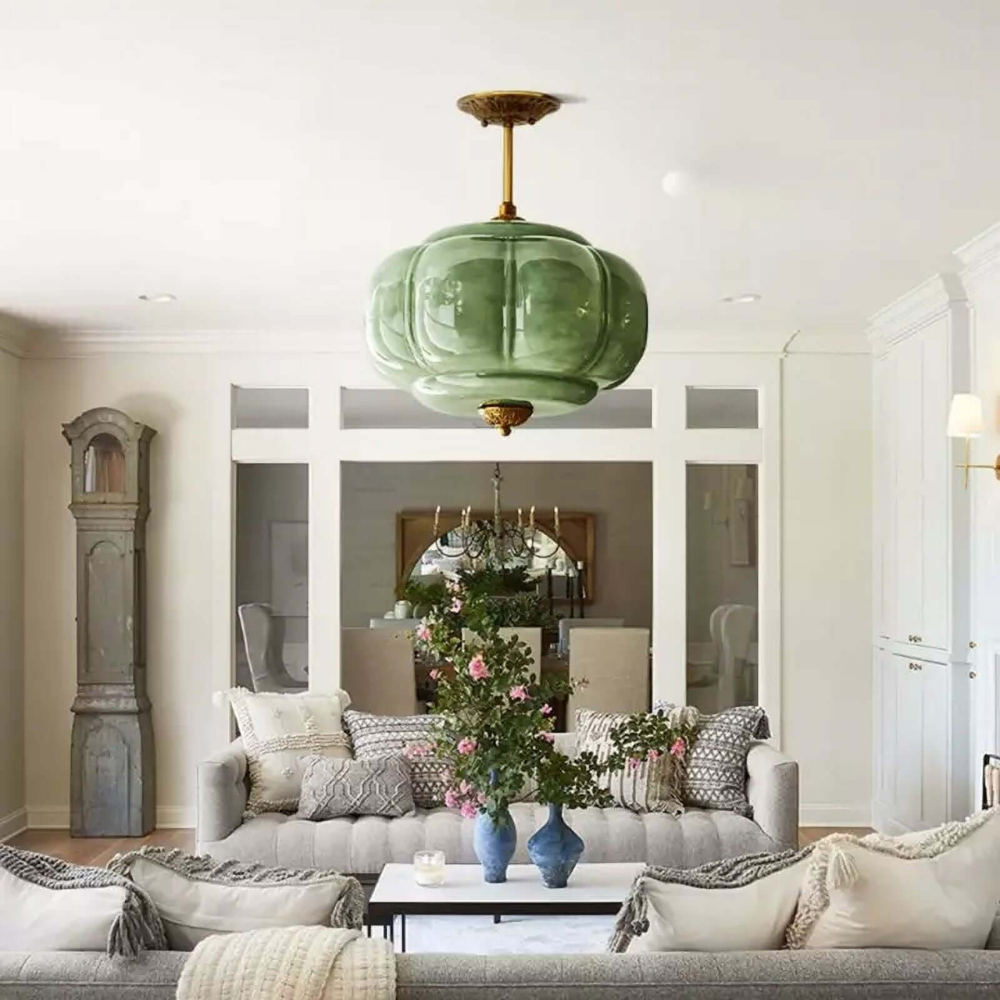 Gerippte Kürbis-Hängelampe mit kunstvollem Metallbesatz – Mid-Century-Design