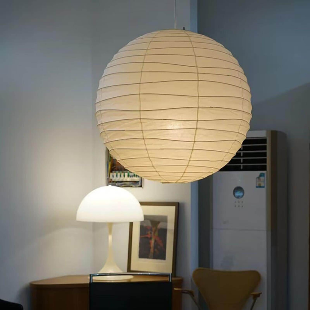 Spherical Ribbed Paper Hanging Fixture - Mid Century Modern Zen Style