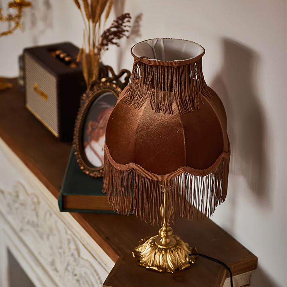 Table Lamp with Fringed Fabric Shade - Vintage Traditional Red