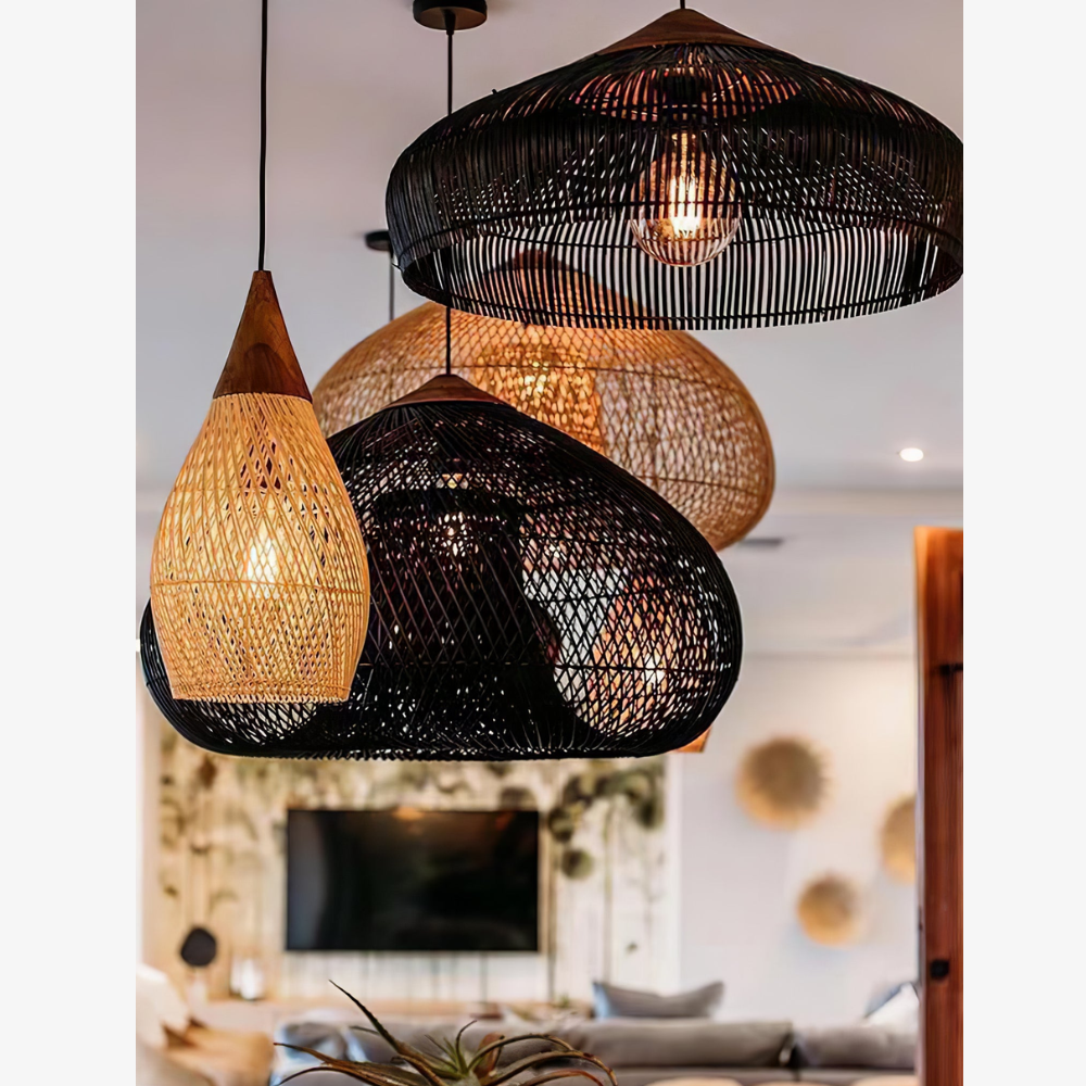 Modern Rattan Silhouette Pendant Light - Woven Basket Hanging Lamp with Wood Cap