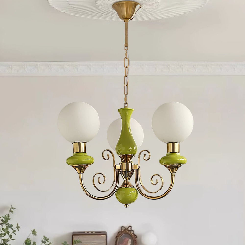 Chandelier with Milky Glass Globes and Scrollwork Frame - Vintage French Style