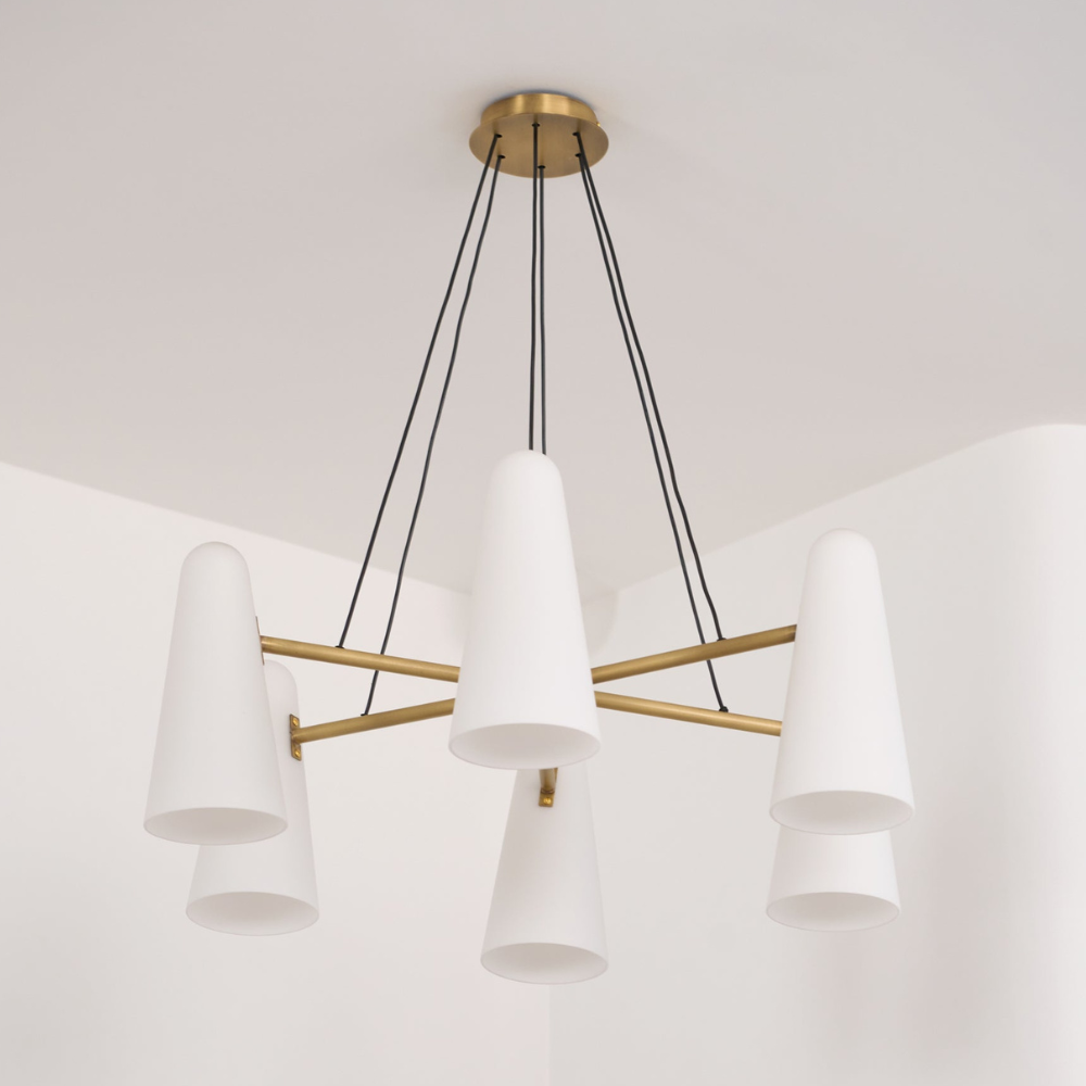 Lustre avec abat-jours en verre conique et cadre métallique - Moderne milieu du siècle