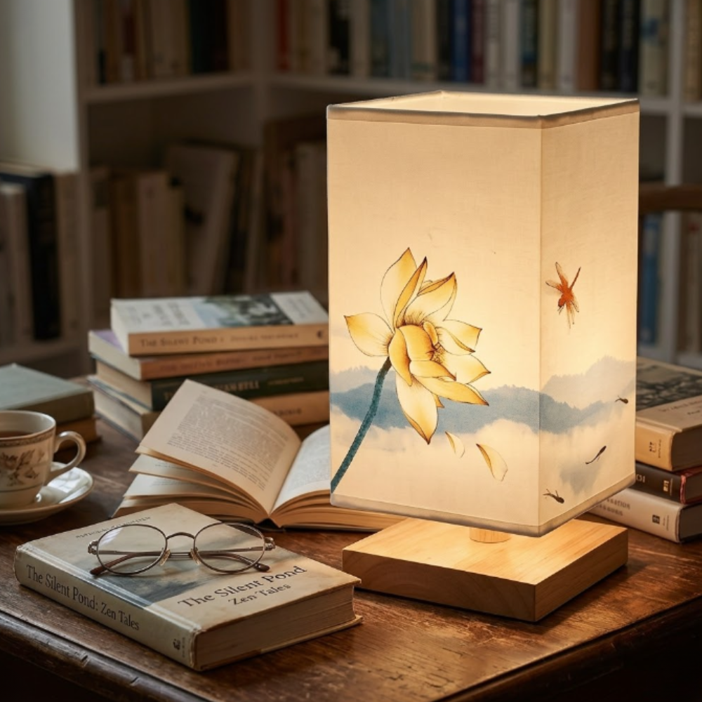 Asiatisch inspirierte Stoffboxlampe mit Holzsockel – Künstlerische Blumenakzentlampe