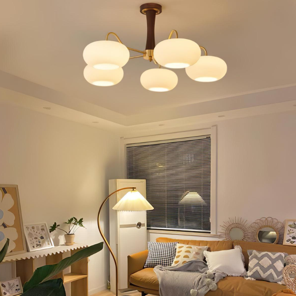 Chandelier with Walnut Wood and Persimmon Glass Shades - Modern Mid Century