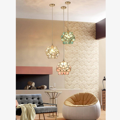 Floral Glass Hanging Lamp with Brass Hardware - Vintage Modern Art