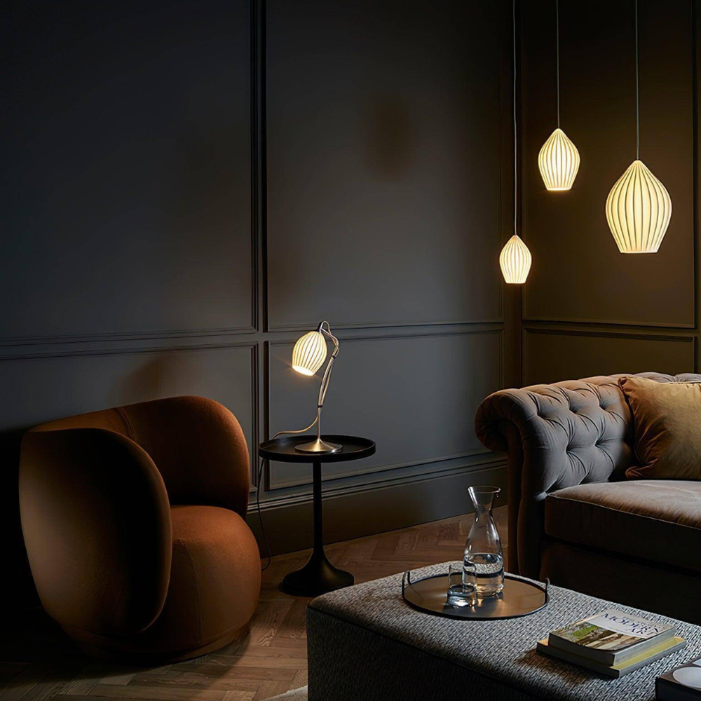 Ceramic Pendant Light with Ribbed Teardrop Shade - Modern Coastal