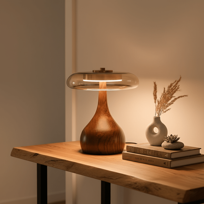 Mid-Century Modern Amber Glass and Walnut Wood LED Mushroom Table Lamp