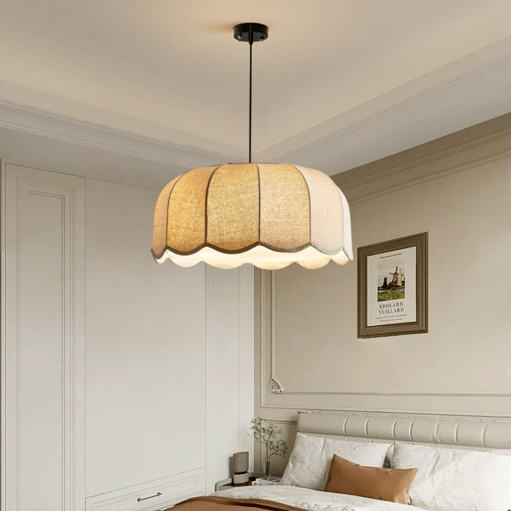 Scalloped Fabric Pendant Lamp - Modern Boho Beige Striped Ceiling Light