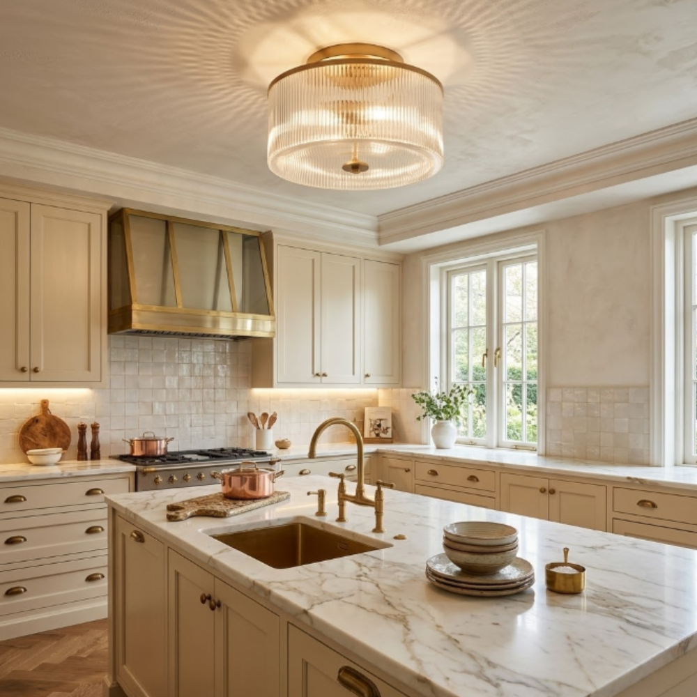 Modern Fluted Glass Drum Flush Mount - Ribbed Glass Ceiling Light
