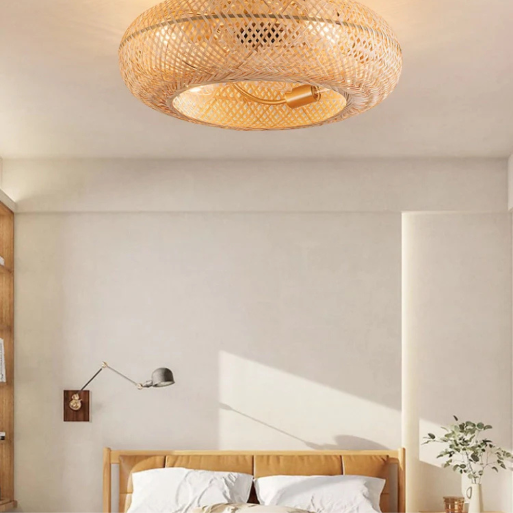 Flush Mount Ceiling Fan Light Woven Bamboo Shade - Coastal Boho Decor