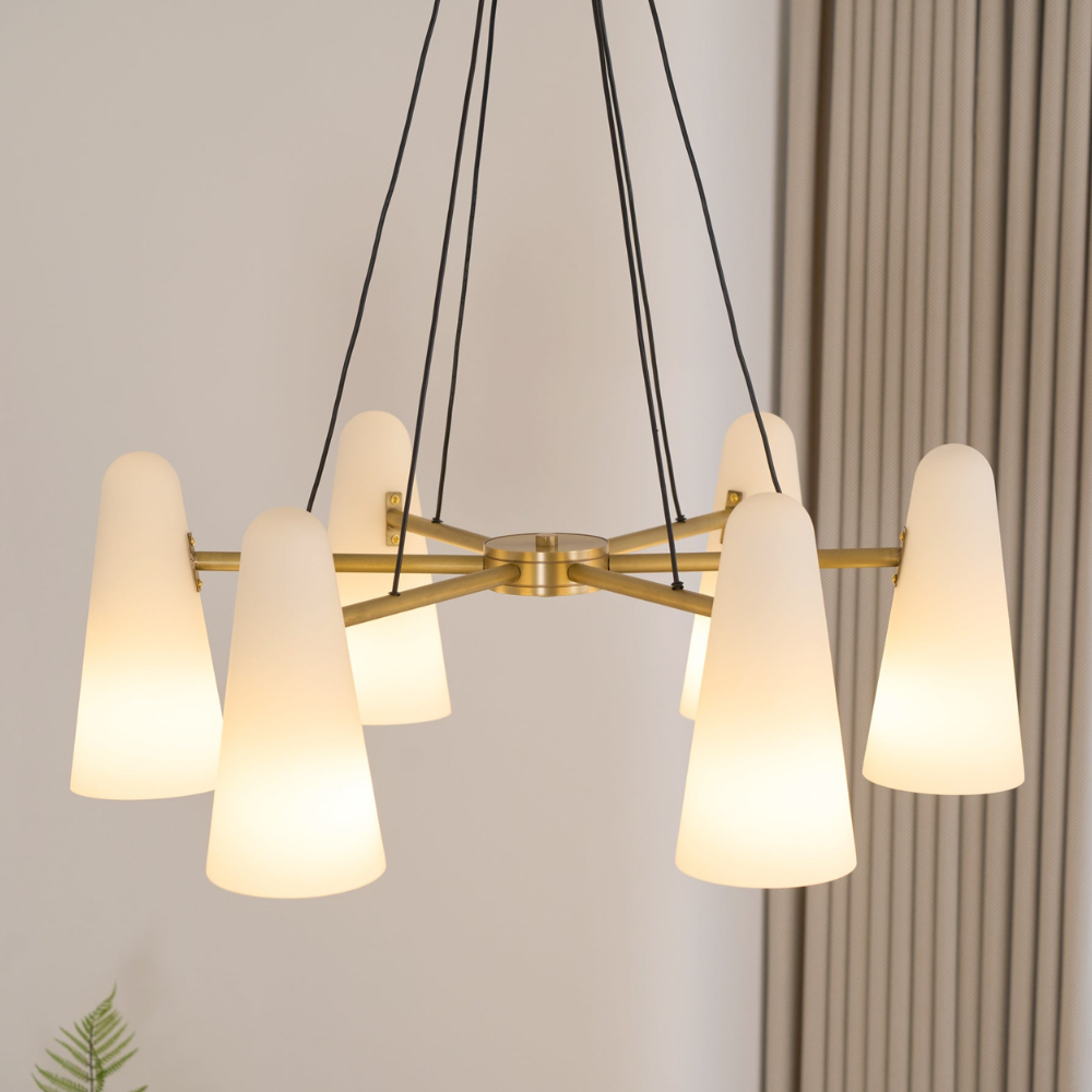 Lustre avec abat-jours en verre conique et cadre métallique - Moderne milieu du siècle