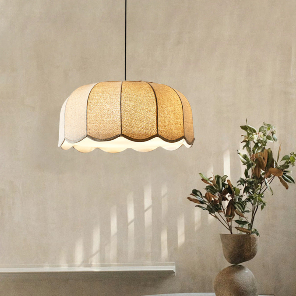 Scalloped Fabric Pendant Lamp - Modern Boho Beige Striped Ceiling Light