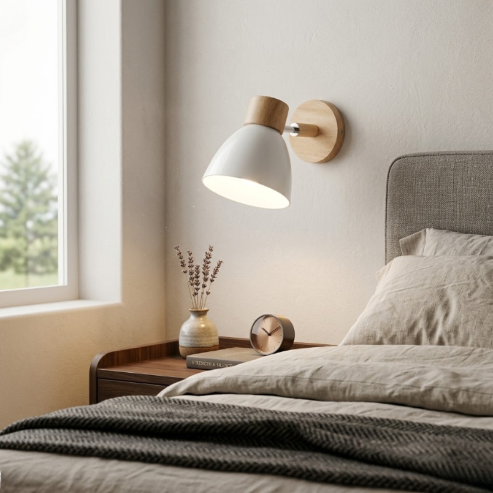 Nordische matte Wandleuchte mit Naturholz – moderne schwenkbare Arbeitsleuchte
