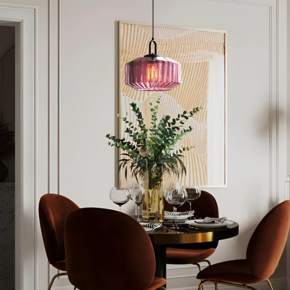 Pendant Light with Ribbed Glass Shade - Retro Mid Century Modern