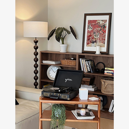 Floor Lamp with Stacked Wooden Spheres and Fabric Drum Shade