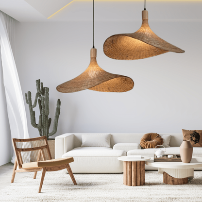 Woven Bamboo Sun Hat Pendant Light - Coastal Boho Decor