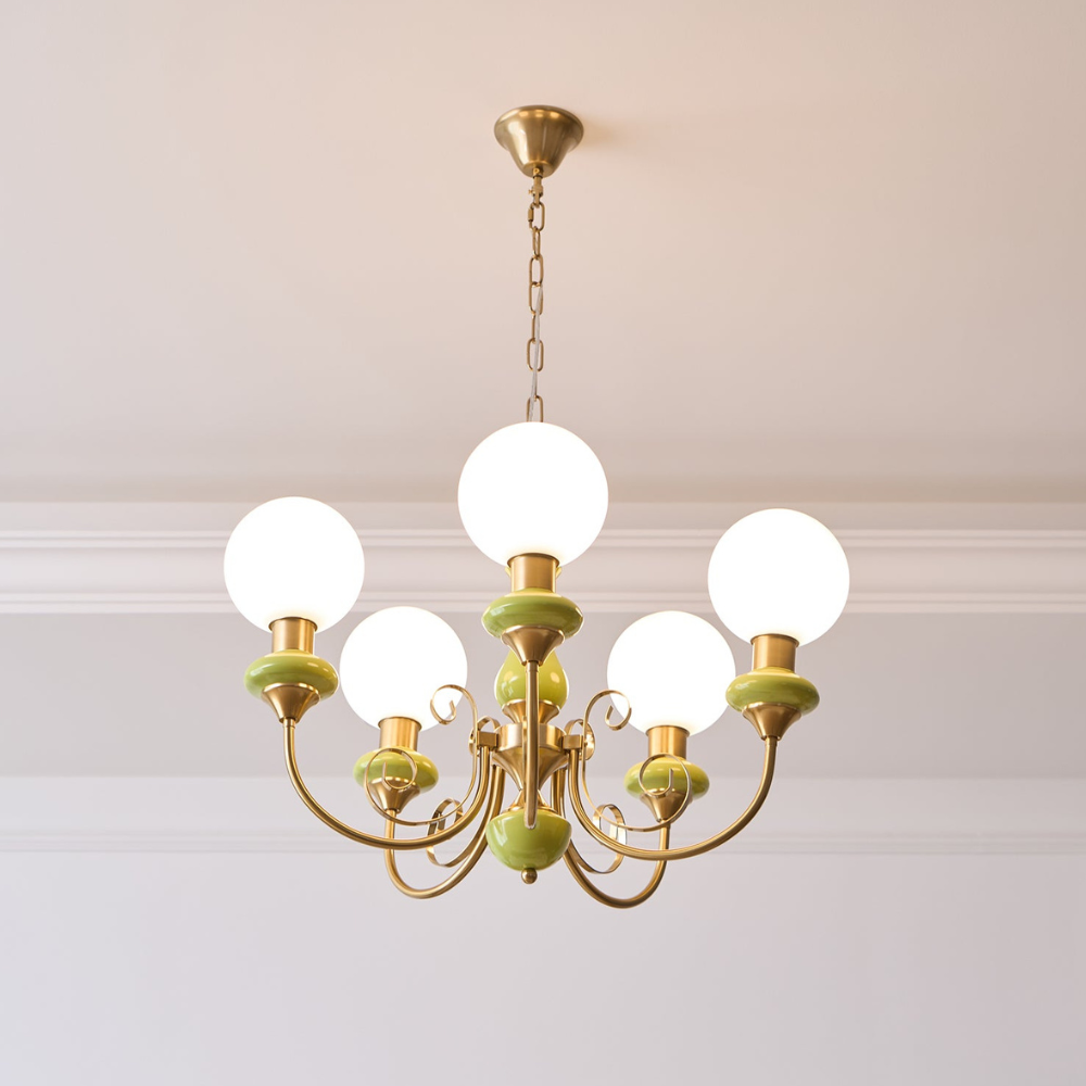 Chandelier with Milky Glass Globes and Scrollwork Frame - Vintage French Style