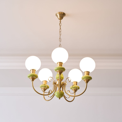 Chandelier with Milky Glass Globes and Scrollwork Frame - Vintage French Style