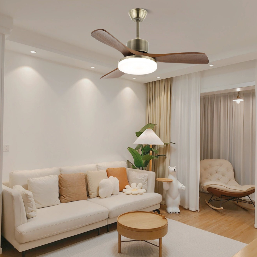 LED-Deckenventilator aus Metall und Holz mit 6-Gang-Fernbedienung – Modernes Design