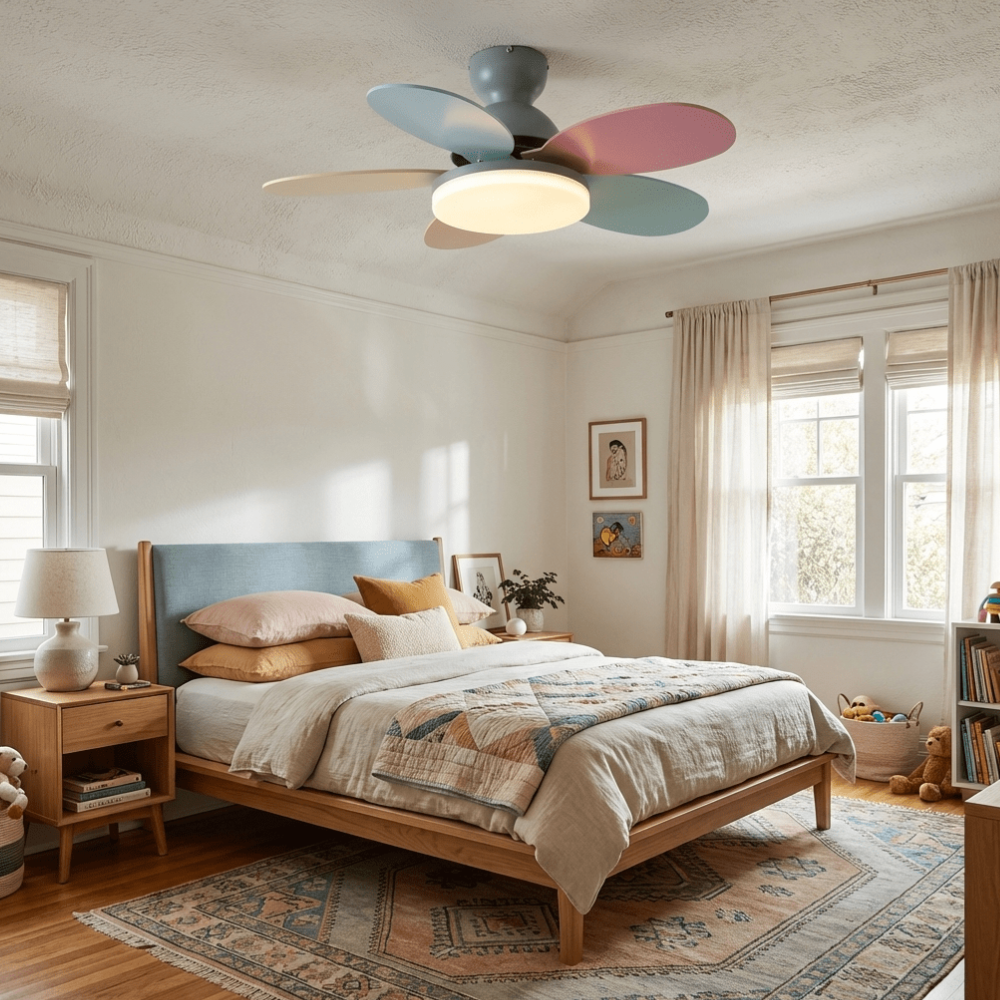 LED-Deckenventilator mit flachem Blumen-Silhouetten-Design und umkehrbarem Luftstrom – verspieltes Design