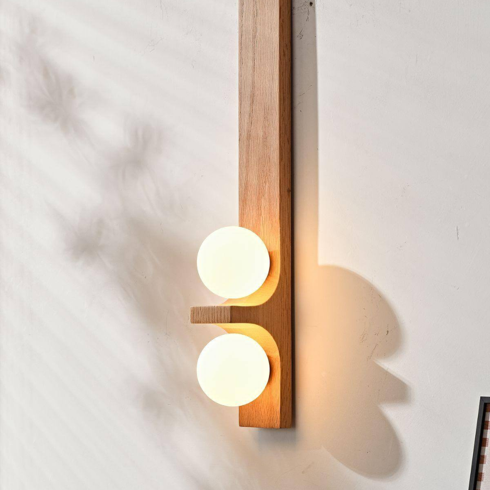 Double Orb Wall Sconce with Carved Wood Base - Mid Century Modern