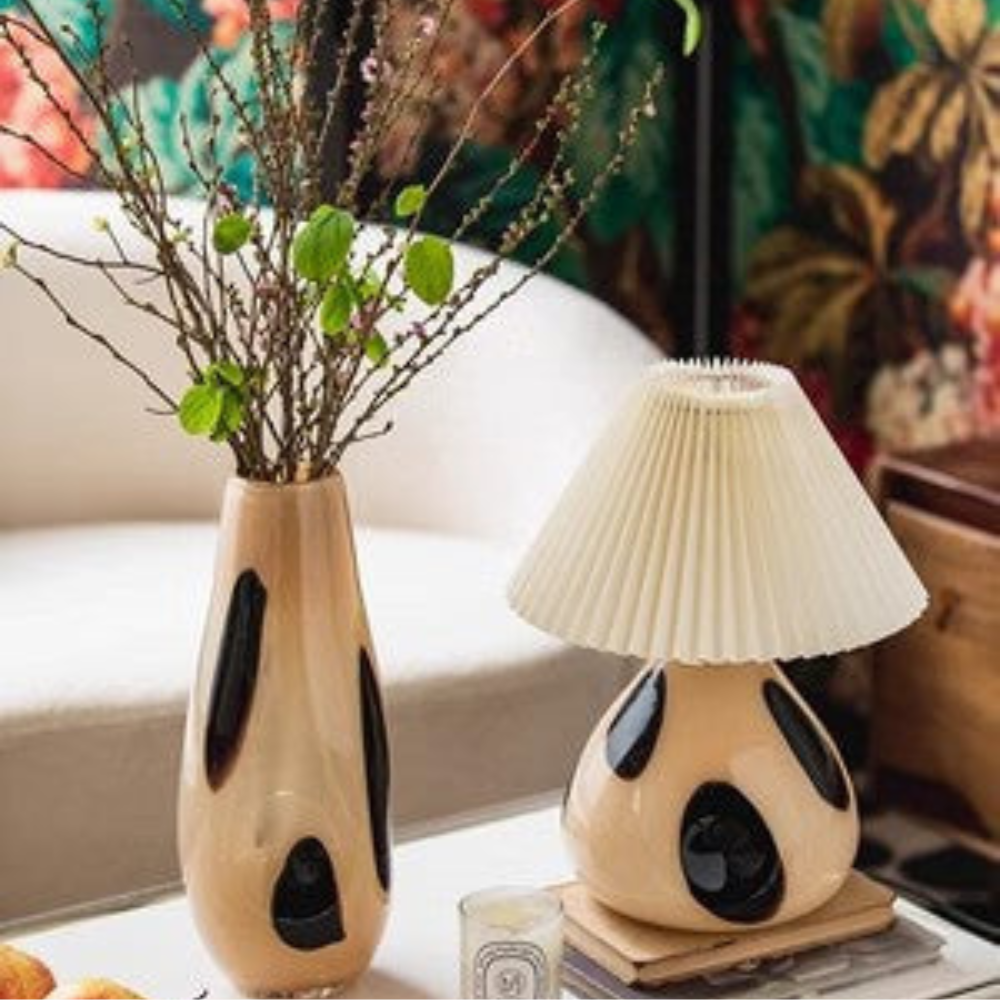 Table Lamp with Pleated Fabric Shade - Mid Century Modern Ceramic