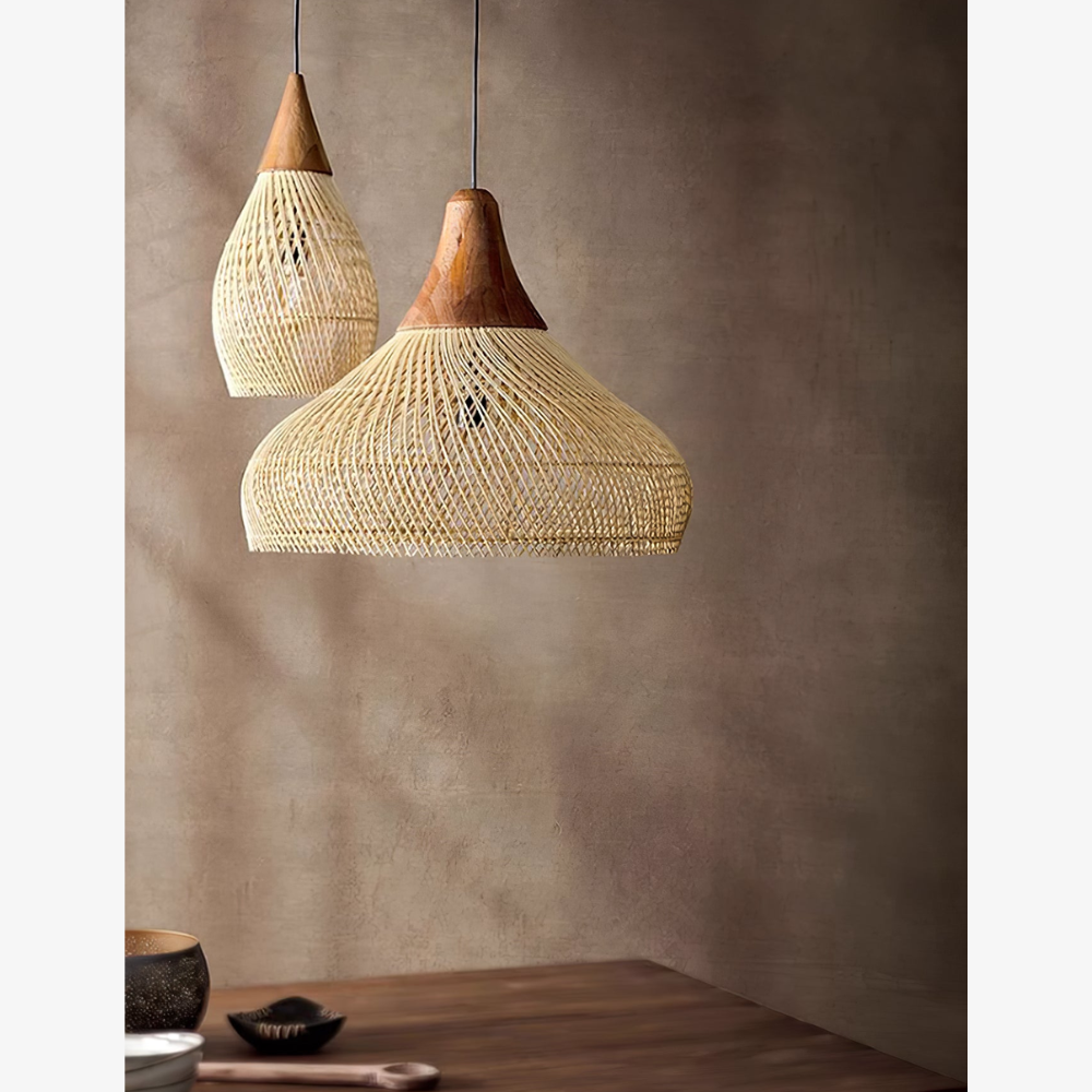 Modern Rattan Silhouette Pendant Light - Woven Basket Hanging Lamp with Wood Cap