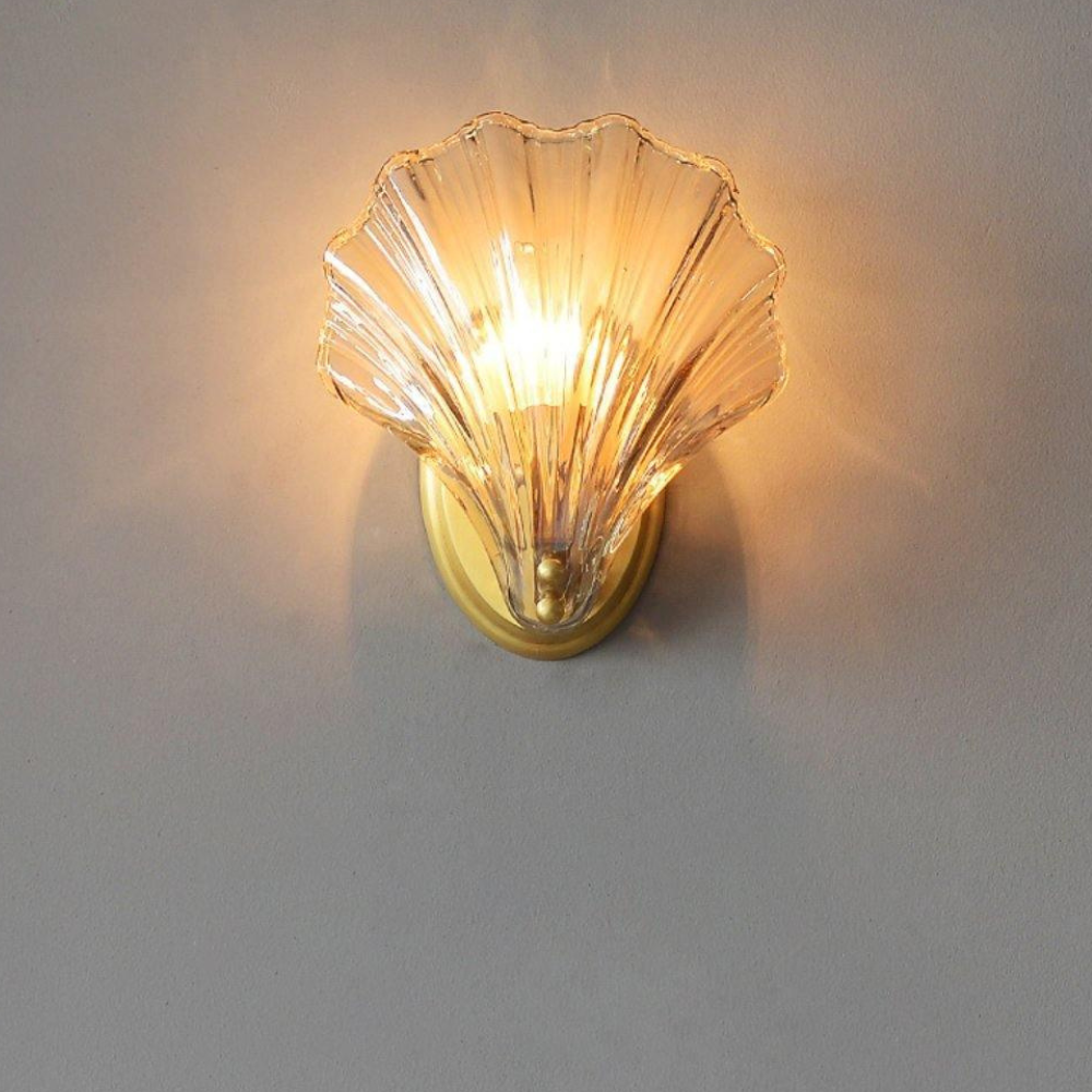 Shell Glass Wall Sconce with Scalloped Ribbed Shade - Coastal Art Deco
