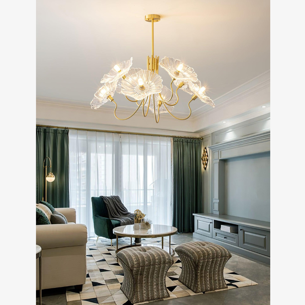Chandelier with Flower Glass Shades and Gold Metal Frame - Modern Art Deco