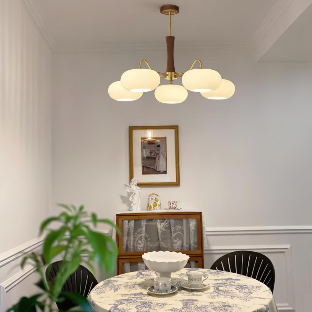 Chandelier with Walnut Wood and Persimmon Glass Shades - Modern Mid Century