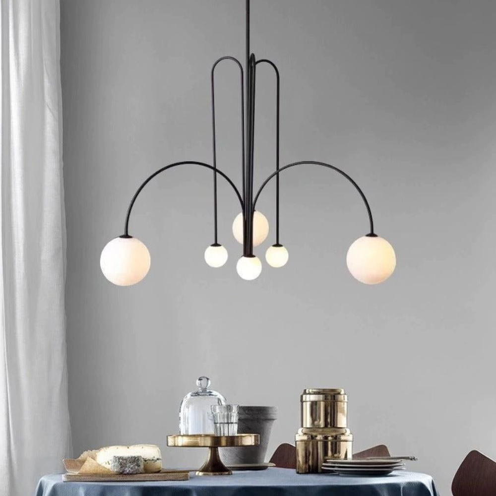 Chandelier with Arched Arms and Frosted Globes - Modern Mid Century