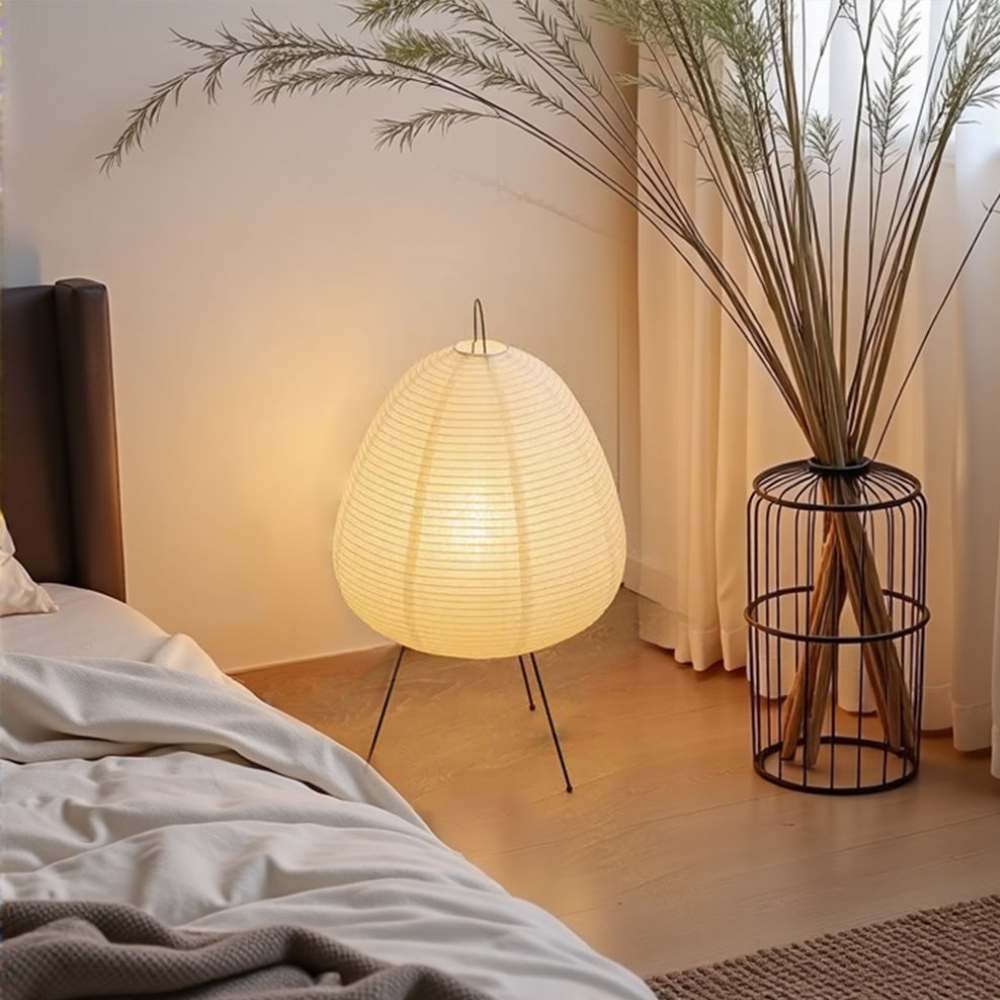 Paper Lantern Table Lamp with Tripod Metal Base - Mid Century Japanese