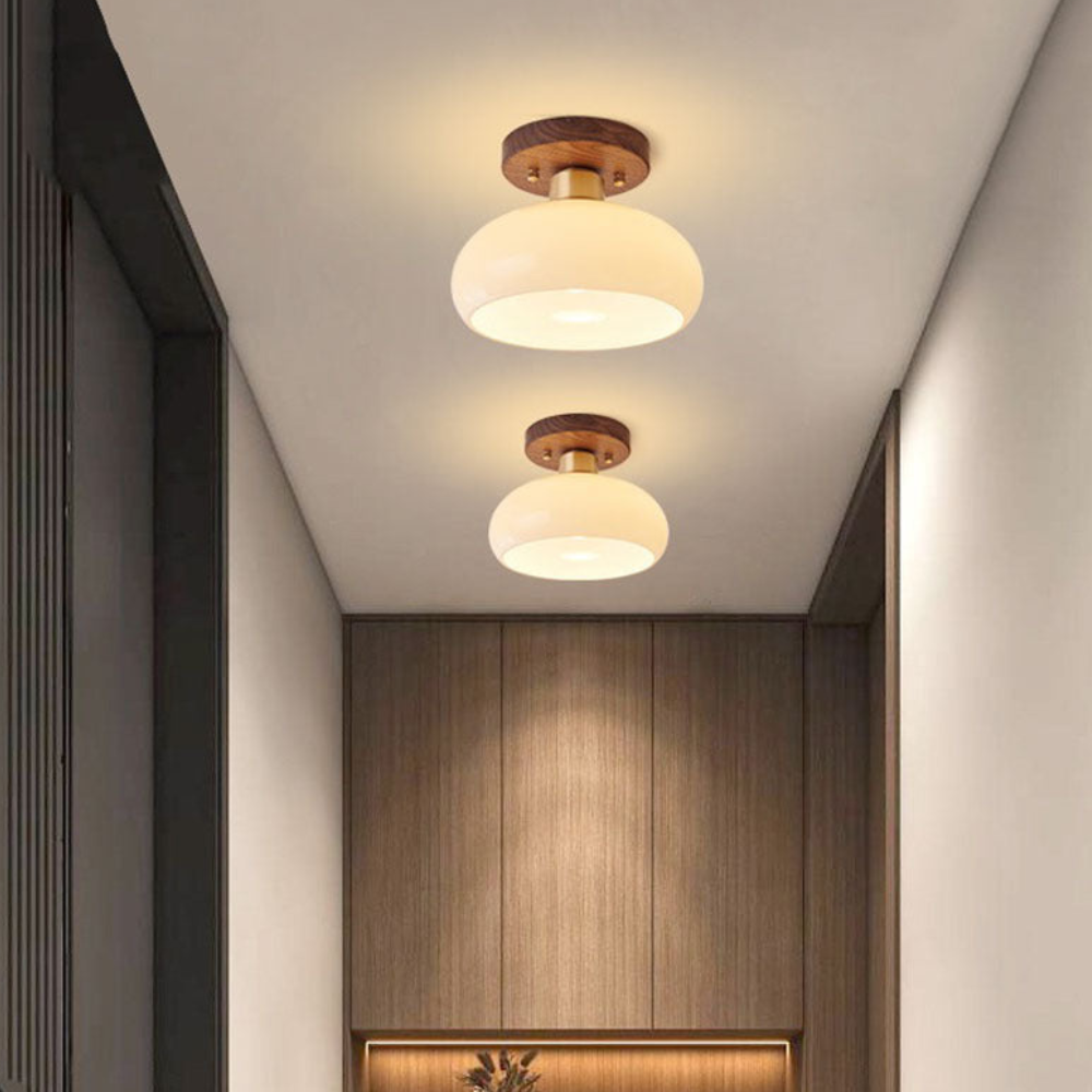 Flush Mount Ceiling Light with Glass Shade - Walnut Mid Century Modern