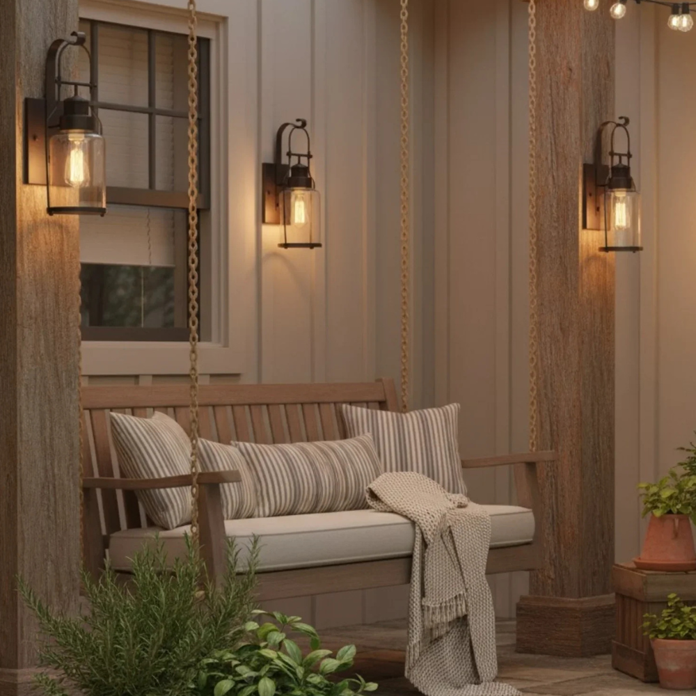 Permanent Outdoor House Lights with Clear Glass Jar Shade and Iron Arm