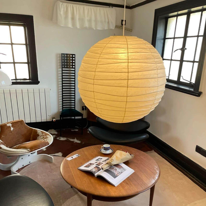 Spherical Ribbed Paper Hanging Fixture - Mid Century Modern Zen Style