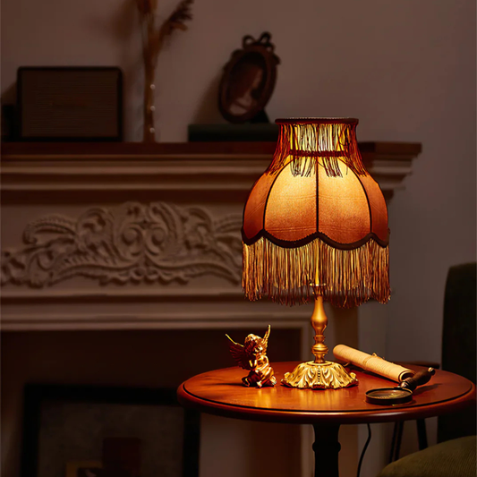 Table Lamp with Fringed Fabric Shade - Vintage Traditional Red
