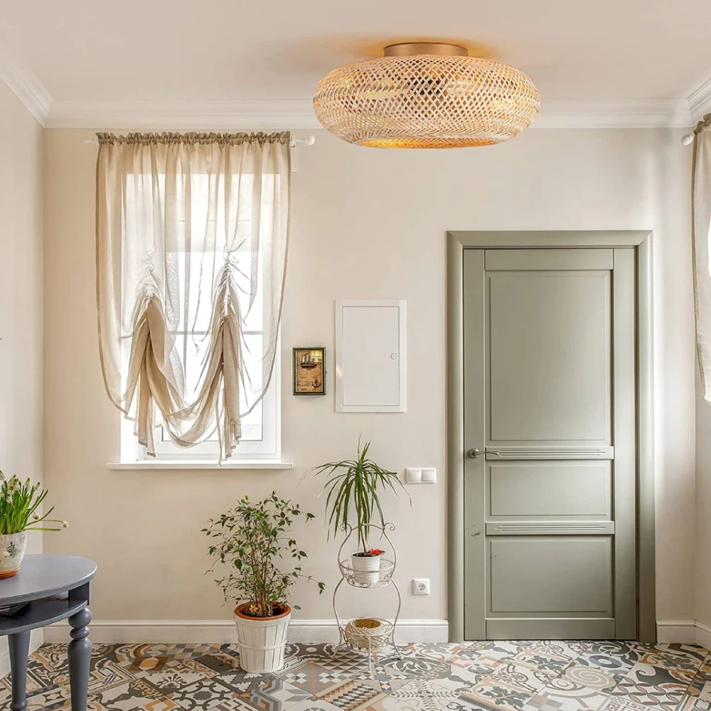 Flush Mount Ceiling Fan Light Woven Bamboo Shade - Coastal Boho Decor