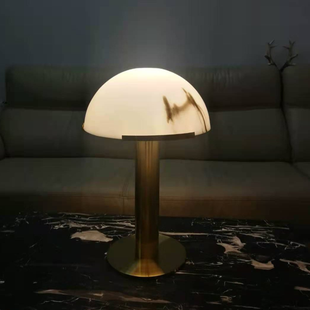 Glas- und Alabaster-Kuppeltischlampe mit Metallfuß – Mid-Century-Modern