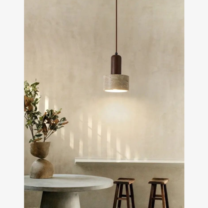 Wabi-Sabi Travertine Style Pendant Light with Solid Wood - Modern Earthy Decor