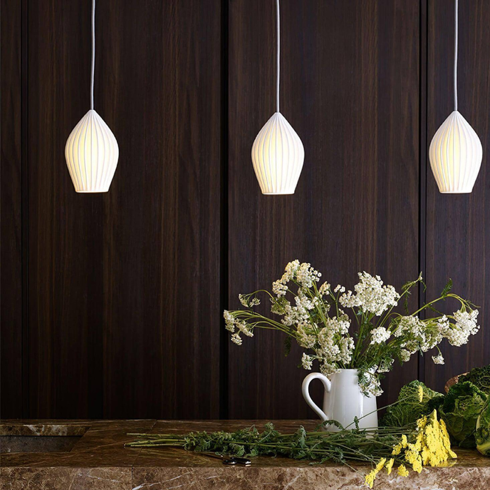 Ceramic Pendant Light with Ribbed Teardrop Shade - Modern Coastal