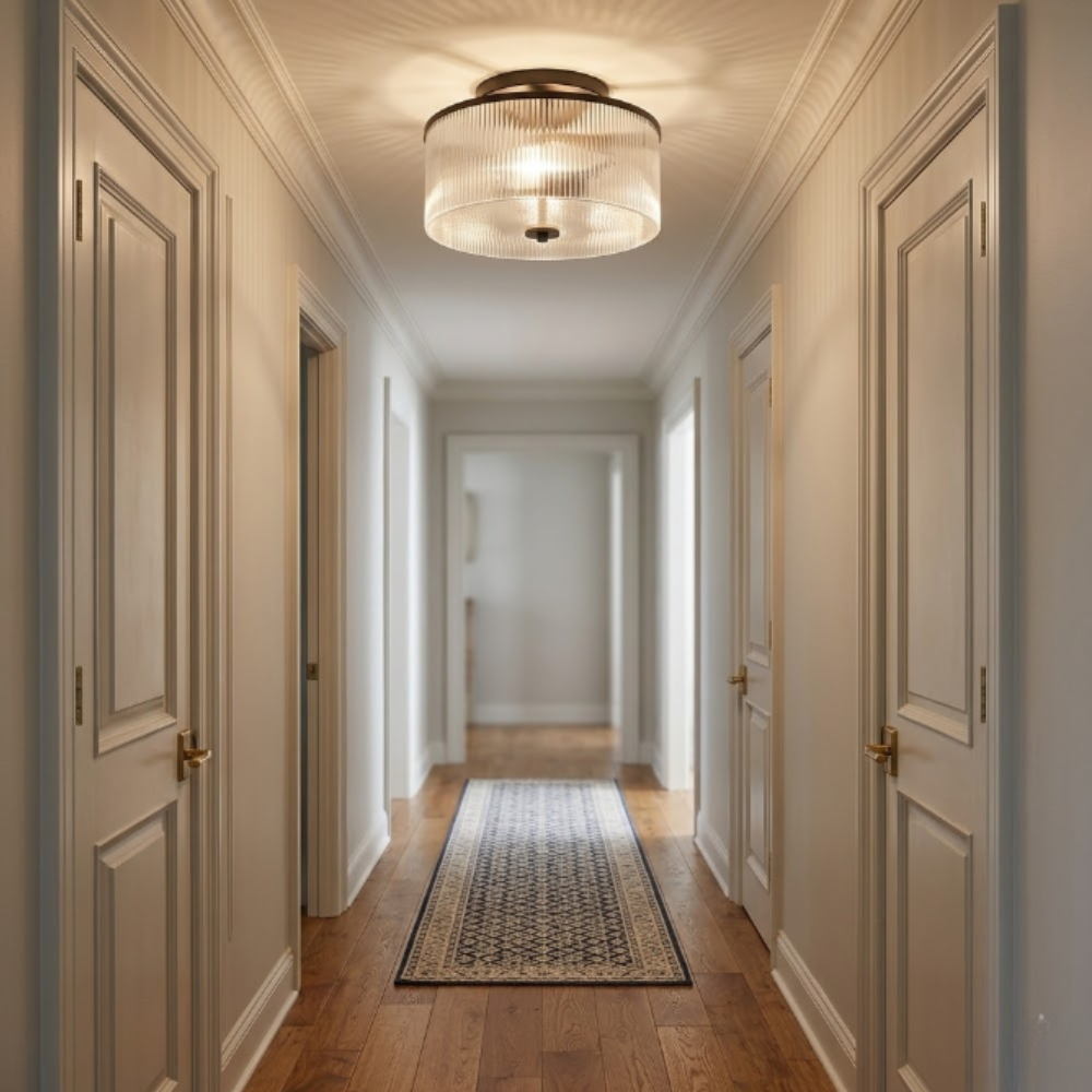 Modern Fluted Glass Drum Flush Mount - Ribbed Glass Ceiling Light