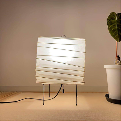 Japanese Paper Lantern Table Lamp with Metal Handle - Wabi Sabi Design