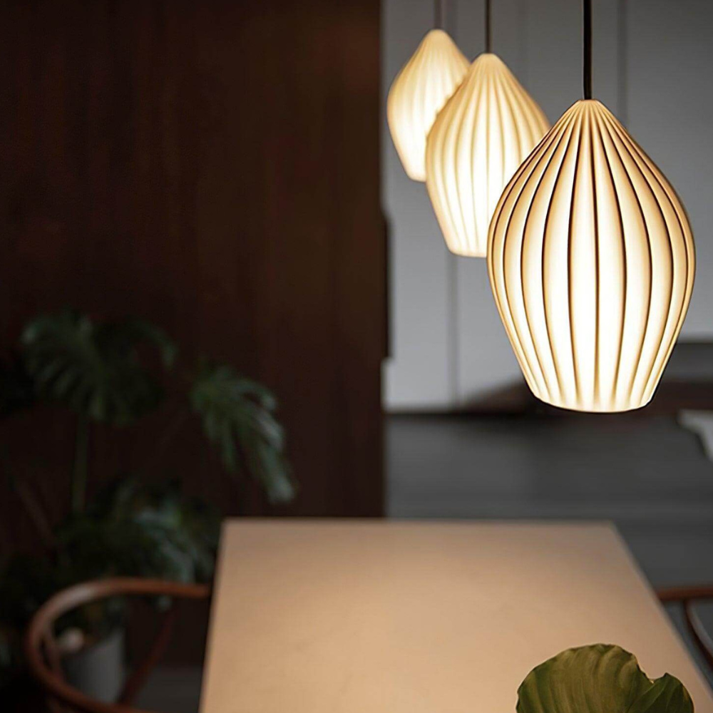Ceramic Pendant Light with Ribbed Teardrop Shade - Modern Coastal