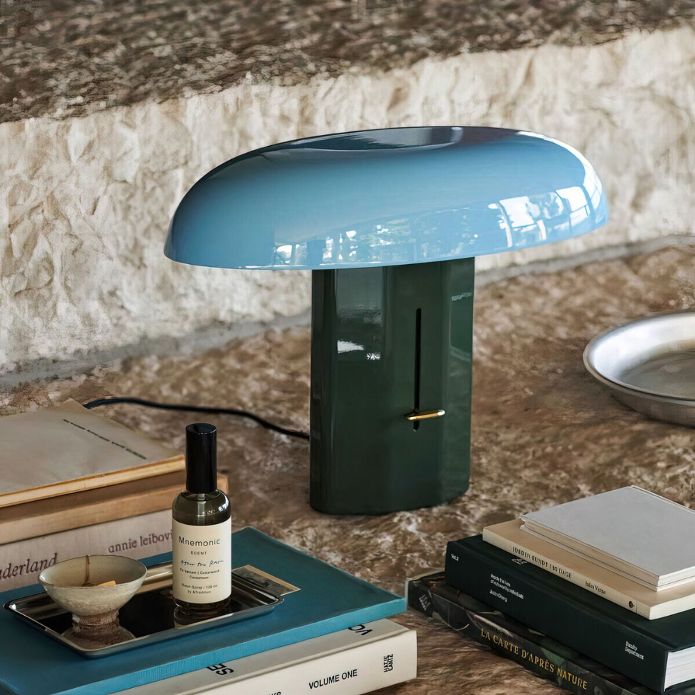 Mushroom Table Lamp with Slanted Shade and Dimmer Switch - Mid Century