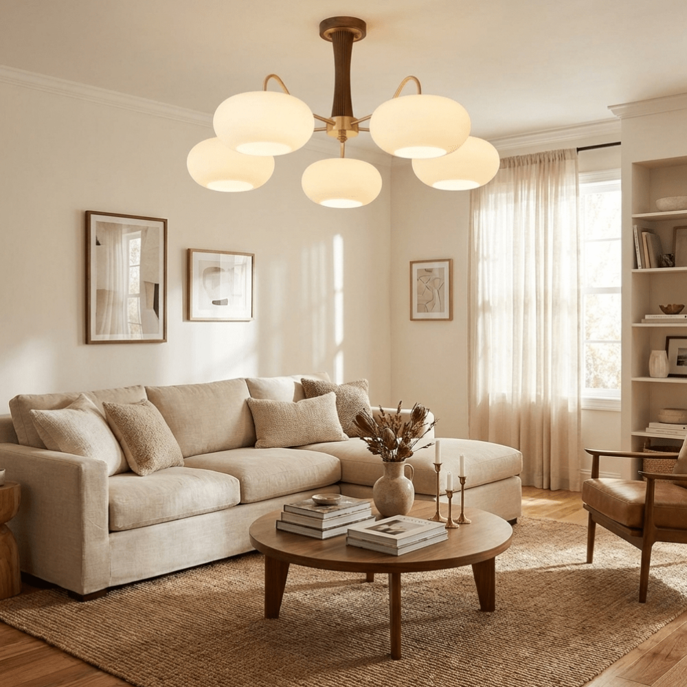 Chandelier with Walnut Wood and Persimmon Glass Shades - Modern Mid Century