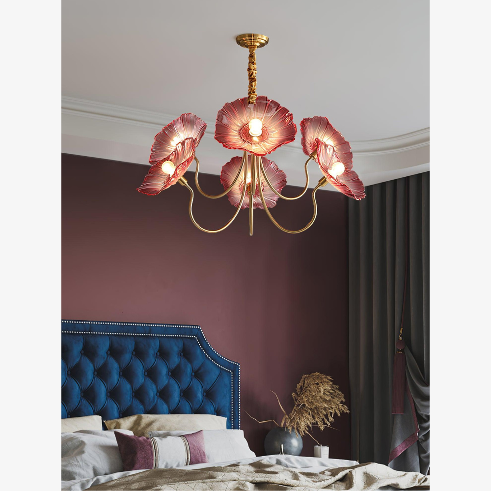 Chandelier with Flower Glass Shades and Gold Metal Frame - Modern Art Deco