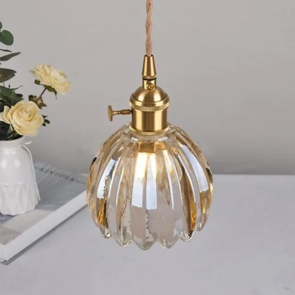 Glashängelampe mit gewelltem Blumen-Schirm – Retro Mid Century