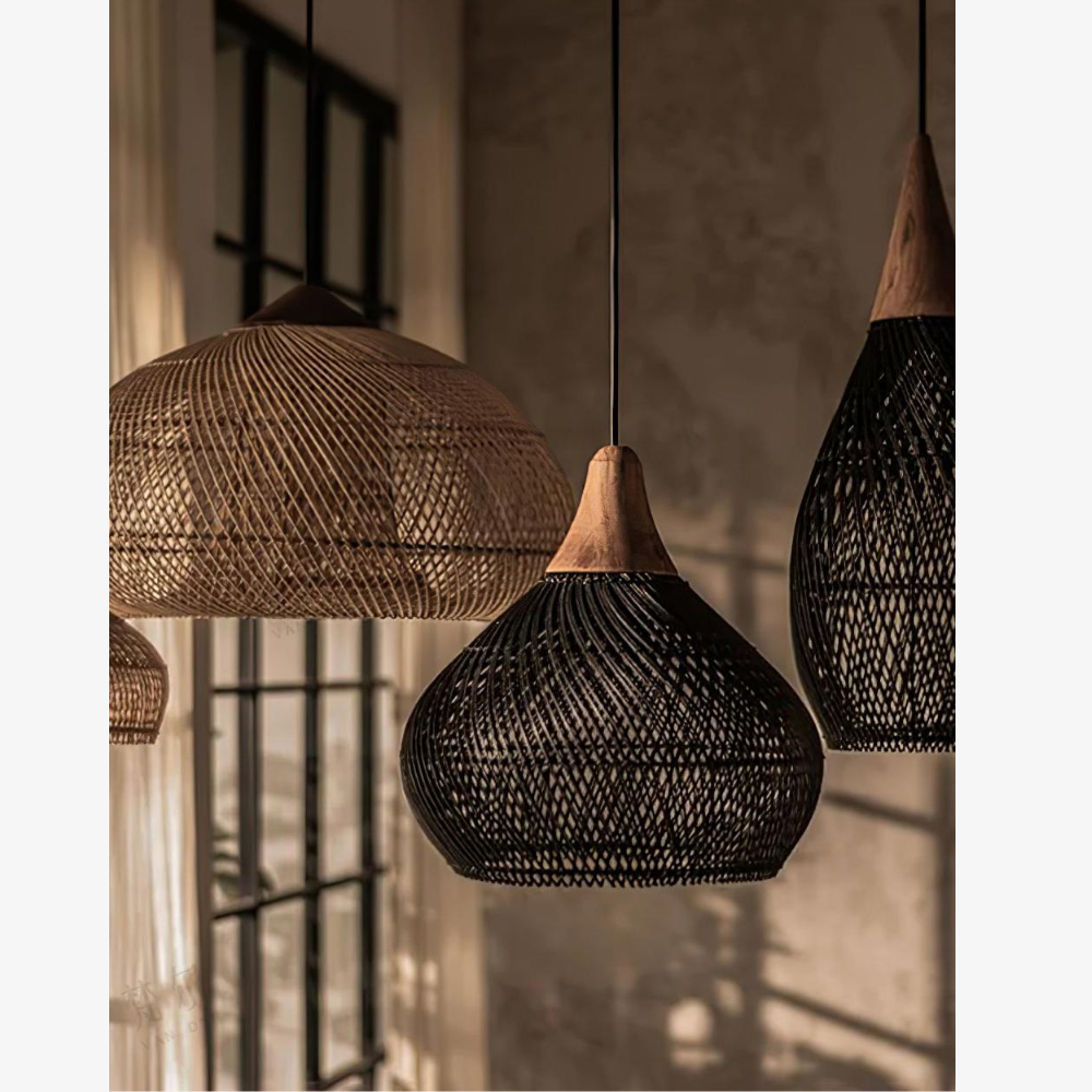Modern Rattan Silhouette Pendant Light - Woven Basket Hanging Lamp with Wood Cap